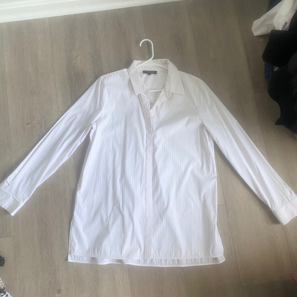 Lafayette 148 New York White Pinstripe Long Sleeve Button Down Tunic Size Large